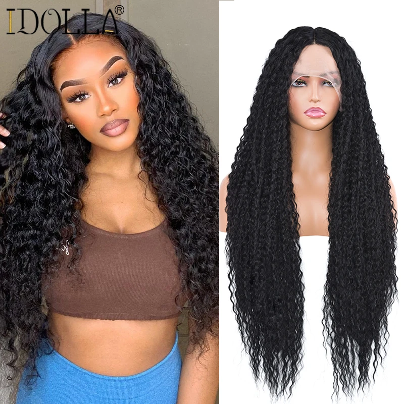 

Kinky Curly Wigs Long Synthetic Lace Front Wig Natural Black Wig For Women With Babyhair Heat Resistant Daily Wear Cosplay