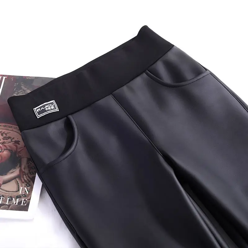 

[High-End Leather Pants] Leather Pants Women's Fleece-Lined Thickened Autumn and Winter High Waist Warm-Keeping Pants Shark Pant