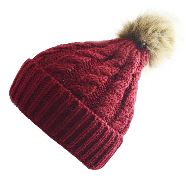 Women's Winter Soft Knit Beanie Hat with Faux Fur Pom Pom,Red