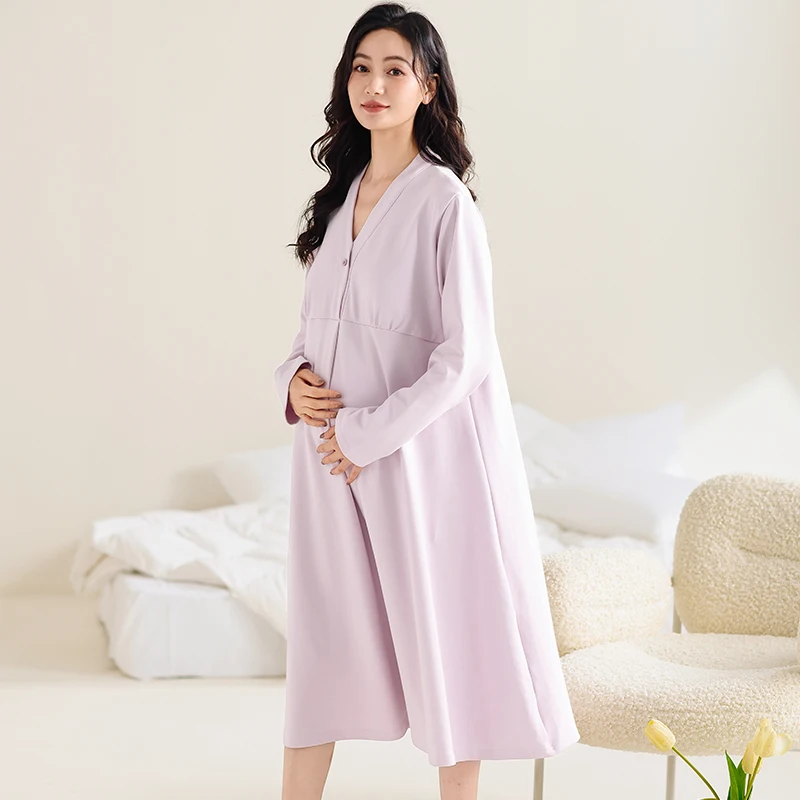 Nursing-Friendly Pajamas Solid Color Cotton Nursing Dresses Nightgown with Pads Long Sleeve Maternity Nightwear Pyjamas Hospital cotton pajama set breastfeeding nightgown maternity nightgown set