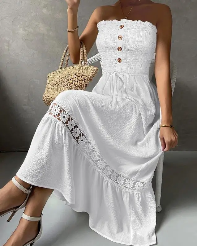 

Elegant Dresses for Women Sexy Bandeau Shirred Lace Patch Maxi Dress New Fashion 2023 Summer Casual Female Clothing