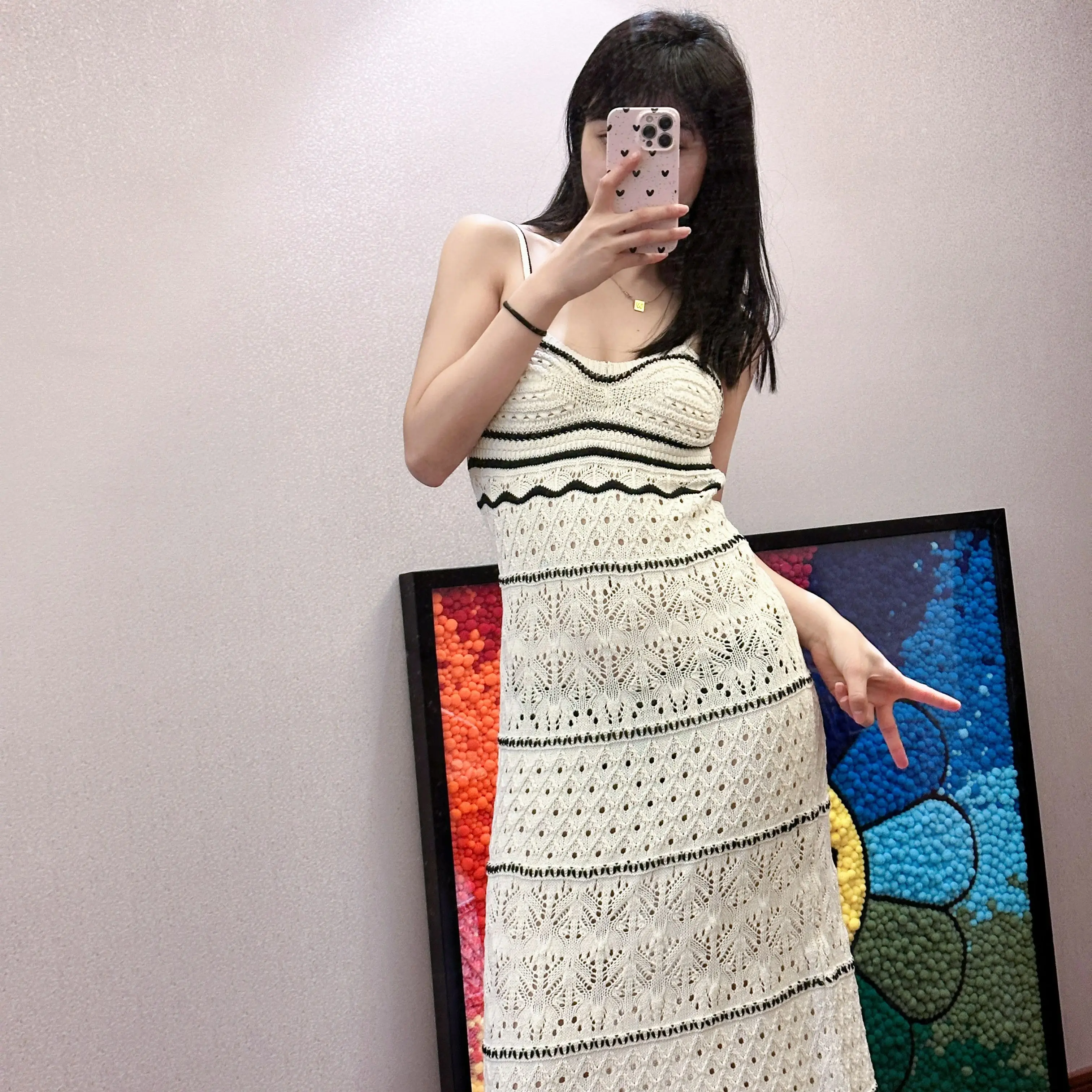 

BMZRLJY European French Style Niche Fashion Leisure Holiday Gentle Wind Slim V-neck Suspender Knitted Long Dress