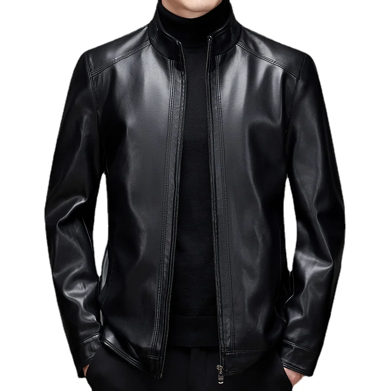 

2024- New Men's Business Gentleman British Windproof Casual Fashion Stand Collar Sheepskin Plus Size Biker Jacket Leather Jacket