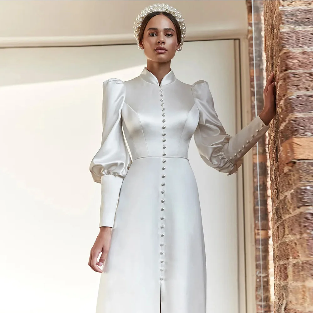 Muslim Ivory A-line Wedding Dresses O-Neck Floor Length Applique Lace Full Draped Pleat Tulle Brideing Dresses robe de mariée 6