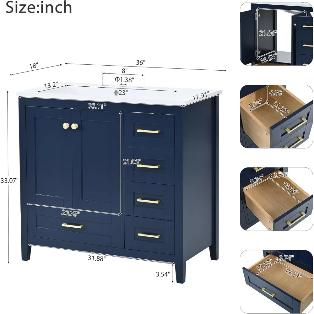 36 Inch Bathroom Vanity with Sink Top,Freestanding Cabinet with 2 Doors & 4 Drawers,Solid Wood Frame, Counter top with Left Sink 2