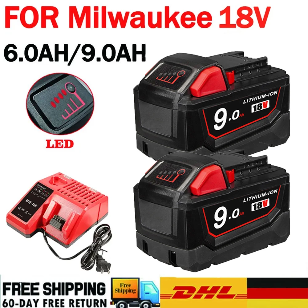 

18V For Milwaukee M18 Battery M18B6 XC 9.0 Ah Li-Ion 48-11-1860 48-11-1852 Or Charger 48-11-1850 48-11-1840 Cordless Power Tools