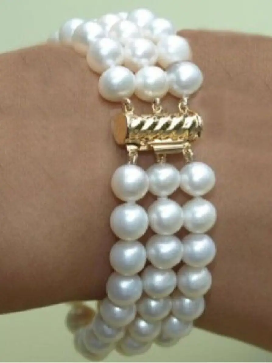 

Wholesale price BEAUTIFUL 3 ROW 7-8MM 7.5-8" SOUTH SEA WHITE NATURAL PEARL BRACELET YELLOW
