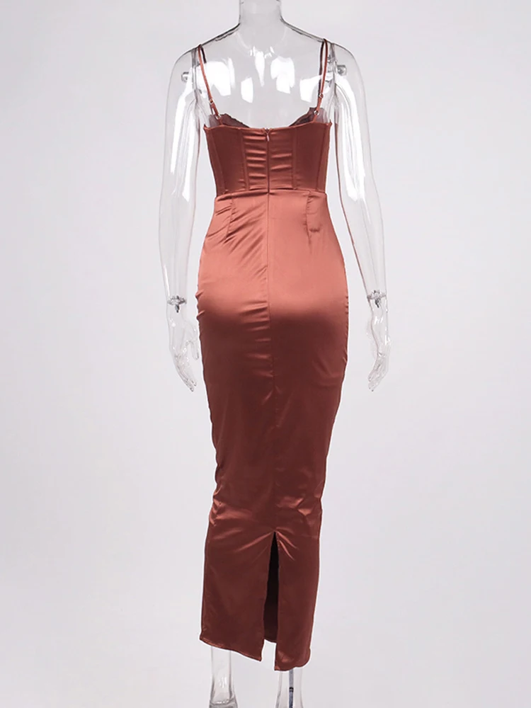 NewAsia Satin Corset Dress 2 Layer Lining Elastic Boned Underwire Split Cut out Cowl Neck Bodycon Dress Woman Sexy Party Dress