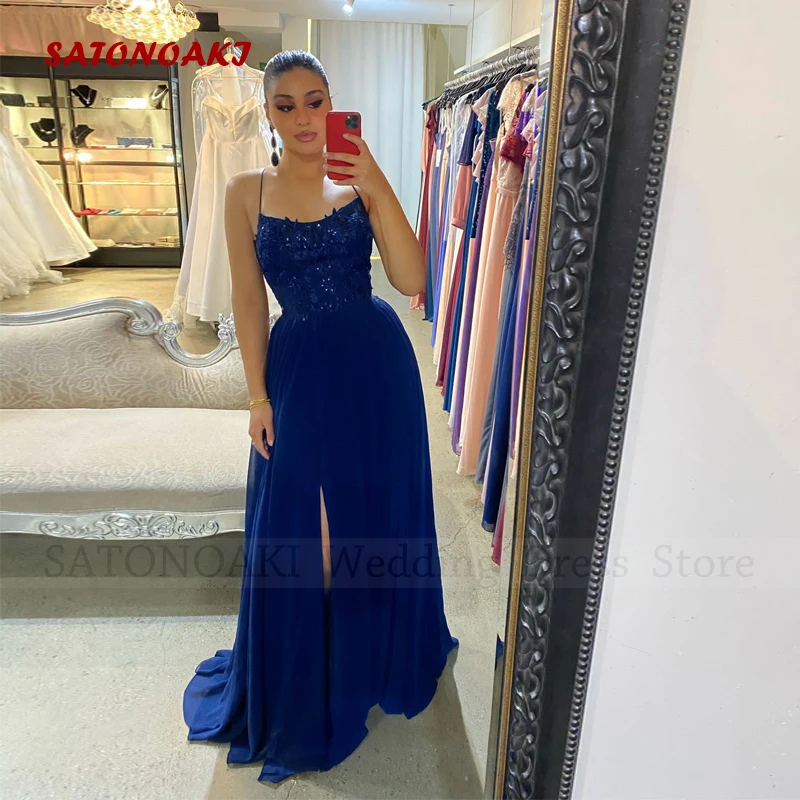 

Женское шифоновое вечернее платье, элегантное простое кружевное платье-трапеция на тонких бретельках с разрезом сбоку, платье для выпускного вечера