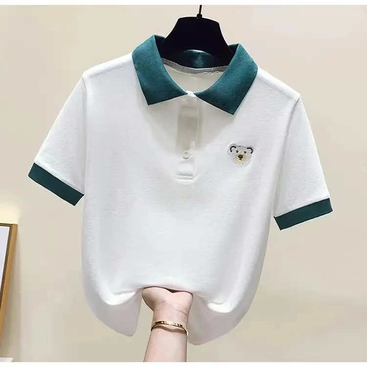 Golf 2024 Women's Pure Cotton Embroidered POLO Neck Short Sleeve Versatile Loose Short Top