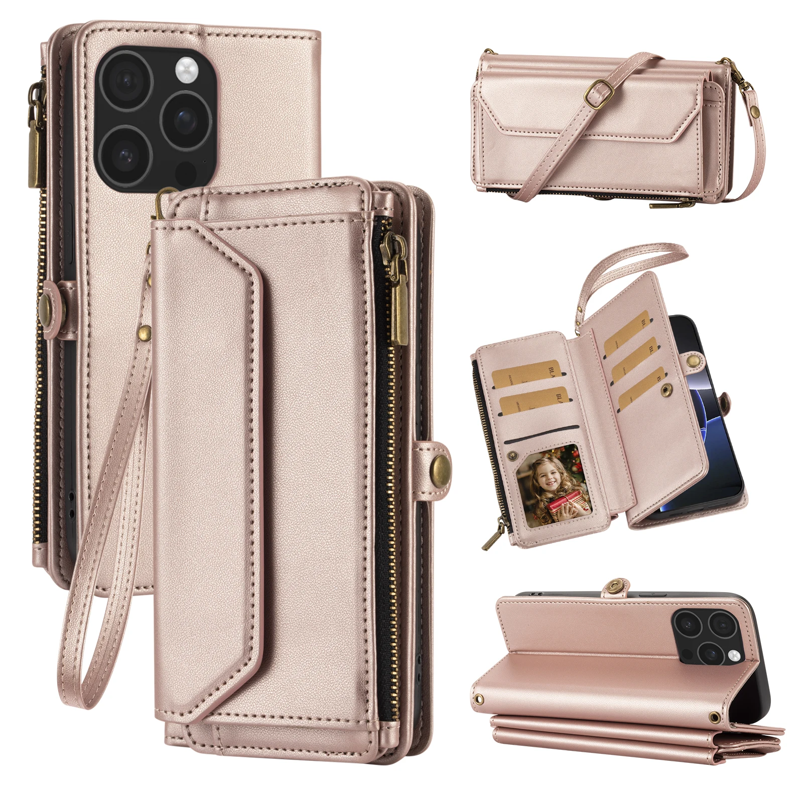 Deluxe Multi-Card Slot Wallet-Style Phone Case with Long and Short Straps, Protective Coin Pocket & Crossbody Strap, Anti-Drop Faux Leather Design