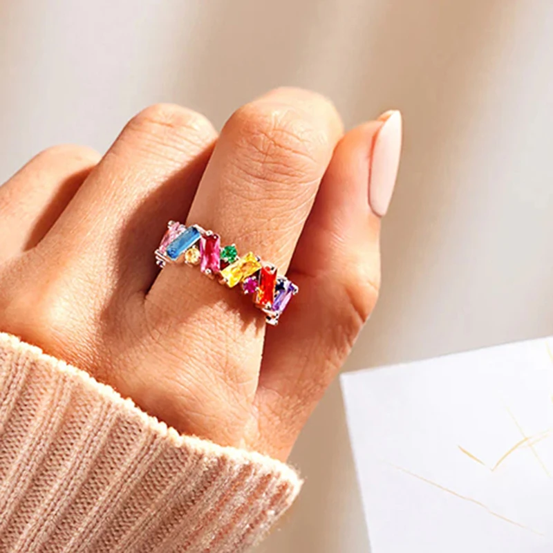 Huitan Irregualr Design Colorful CZ Women Rings Gold Color/Silver Color Geometric CZ Rainbow Rings Luxury Trendy Jewelry