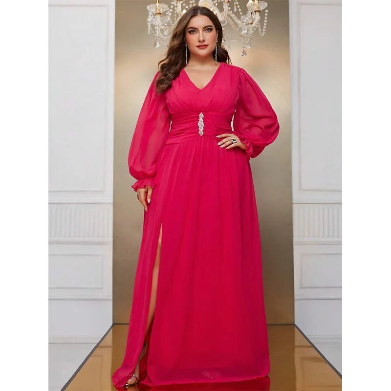 

Plus Size V Neck Chiffon Black Loose Autumn Dress 5XL 6XL Big Size Long Sleeve Chiffon Brick Elegant Dress for Women