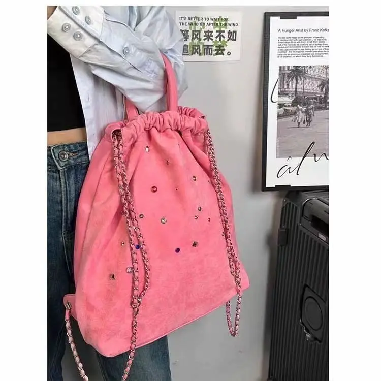 JIAERDI Y2k Vintage Drawstring Backpack Women Hot Girls Beading Chic Backpacks Casual Backpacks Ladies Harajuku Schoolbag Y2k