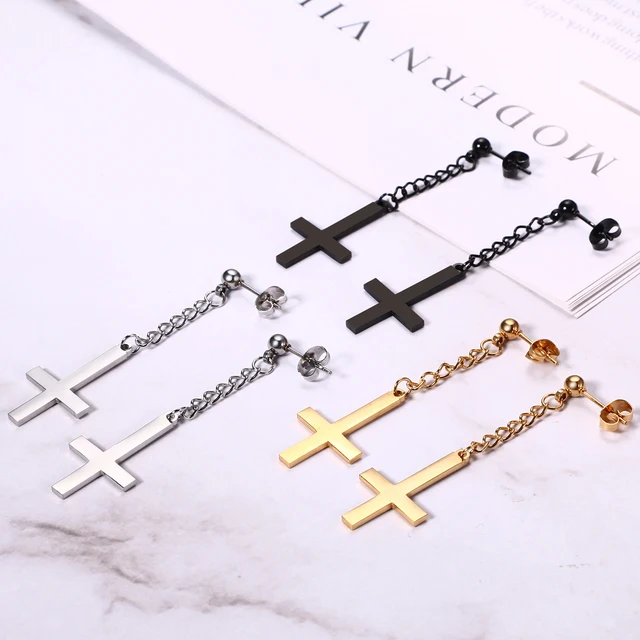 BONISKISS Men Women Stainless Steel Inverted Upside Down Cross Earring Church of Satan Temple Occult Satanic Witchy Stud Jewelry 4
