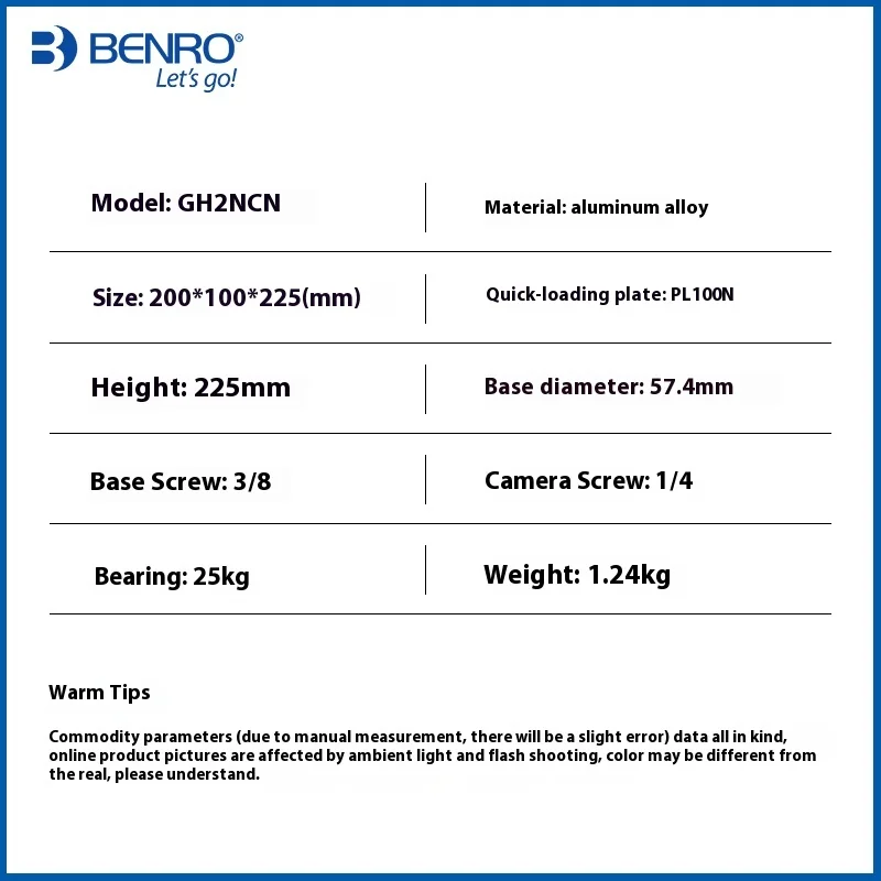 Benro GH2NCN Gimbal Head Tripod & Monopod Camera Mount 25kg Load Arca Swiss