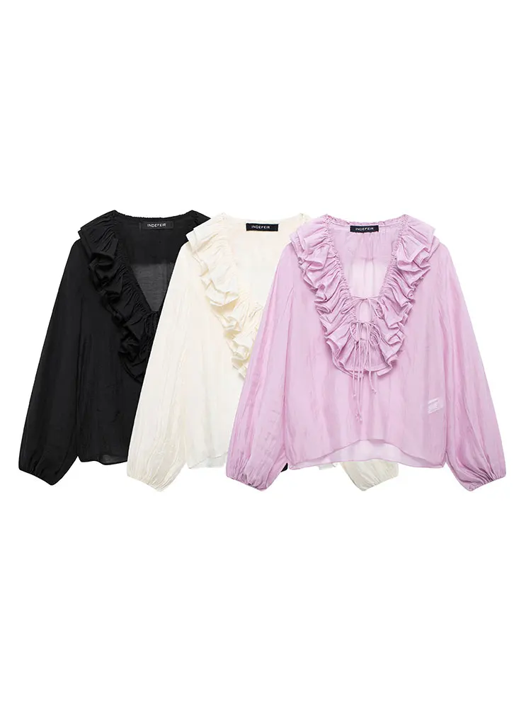HH 2025 New Fashion Women Ruffled Blouses Translucent Thin Lace Up Shirt Elegant Butterfly Pleated Long Sleeve Shirts Tops