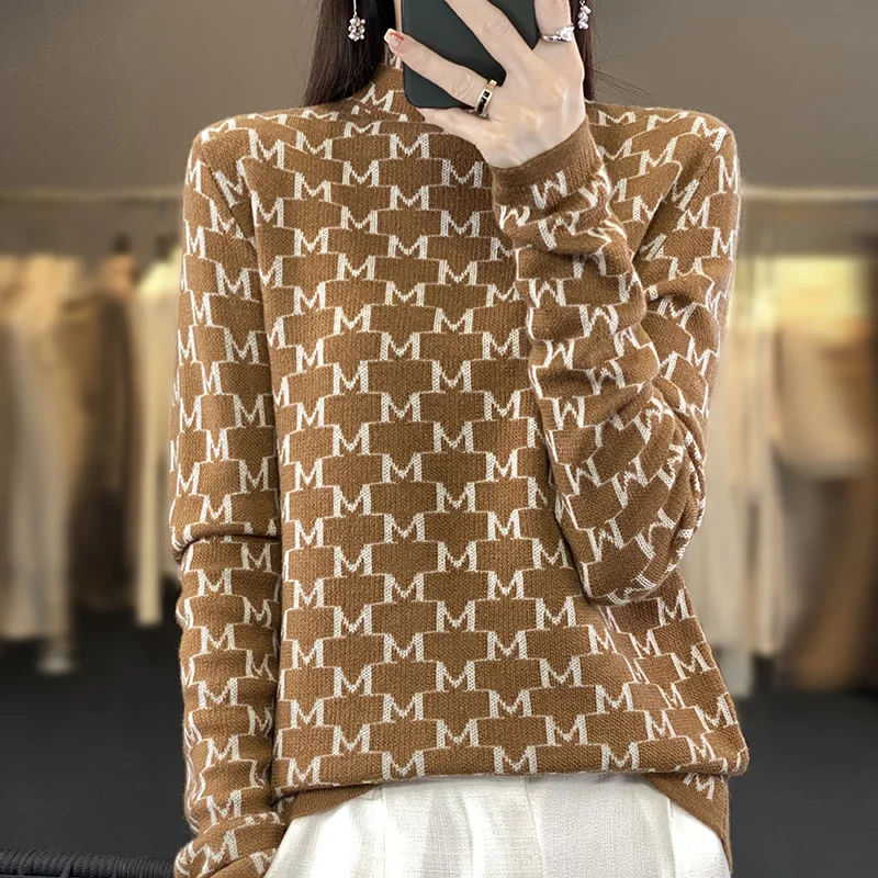

23 Autumn Winter New Woolen Sweater Women's High Neck Long Sleeve Pullover Solid Jacquard Fine Spinn