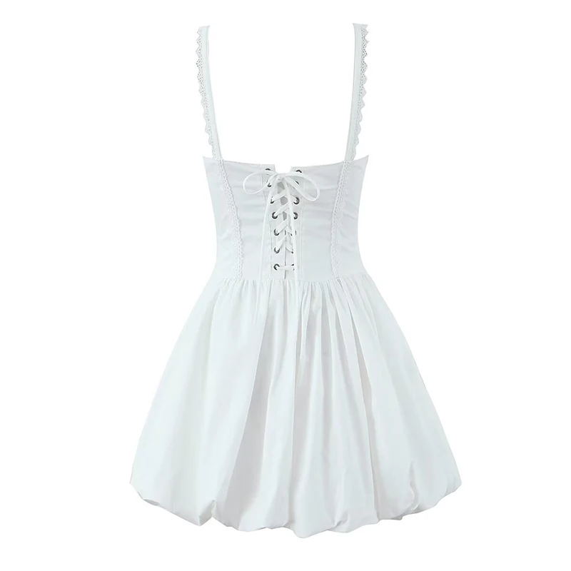 YENKYE 2025 Women Lace Spliced Black White Sling Mini Dresses Low Waist Cotton Summer Sexy Party Dress Sexy Lacing Up Robe 2