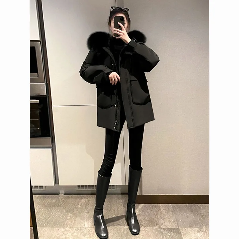 2023 New Women Down Jacket Winter Coat Female Warm Thick Parkas Fashion Short Size Outwear Artificial Fur Collar Hooded Overcoat