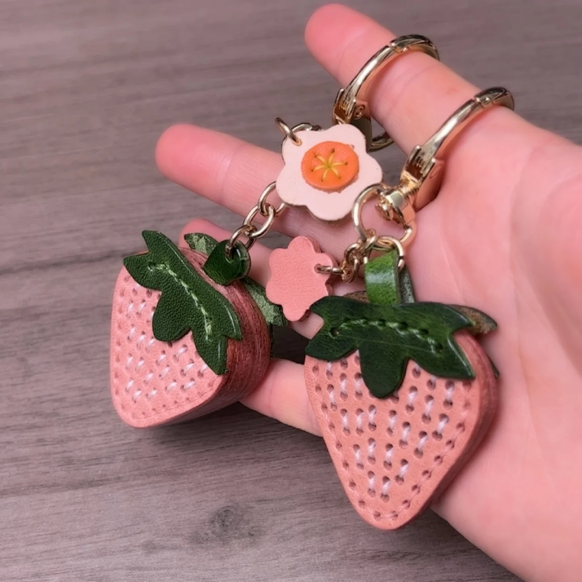 Genuine Leather Strawberry Keychain and Bag Charm