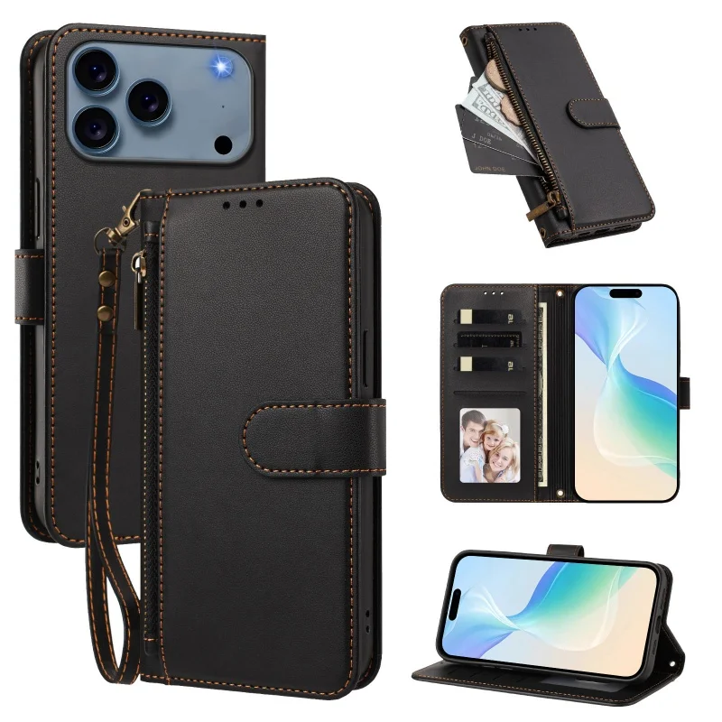 Luxurious Zipper Leather Wallet Phone Case with Wrist Strap and Card Slots