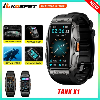 KOSPET 탱크 X1 울트라 스마트워치, 남성용 3D AMOLED AOD 블루투스 팔찌, IP69K 10ATM 방수 스마트 워치 밴드, 여성용 정품
