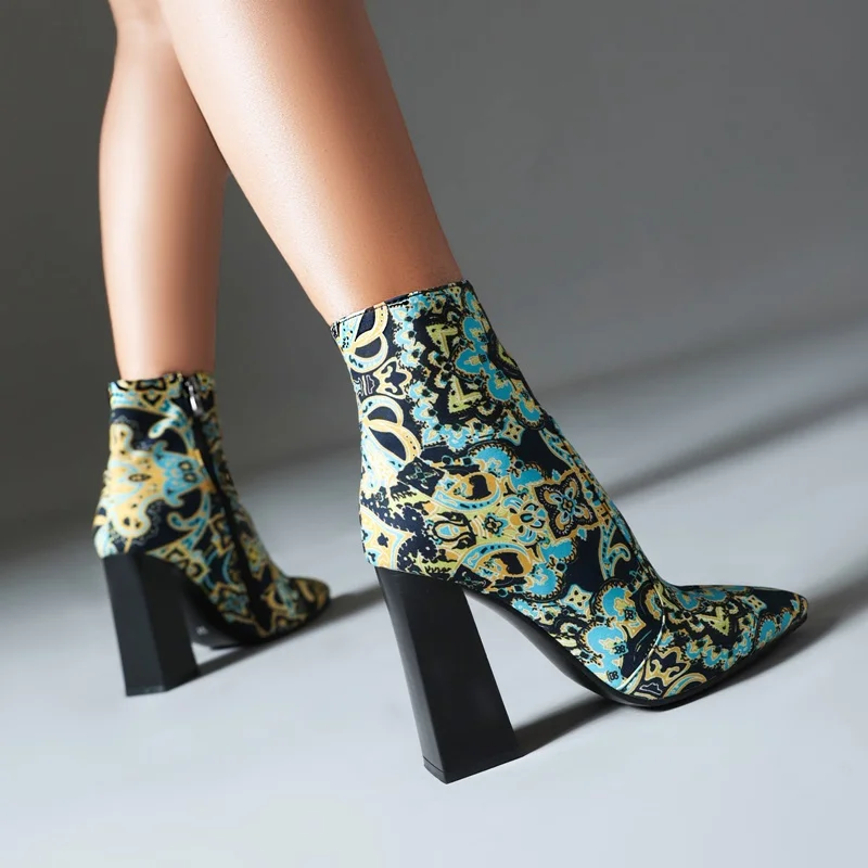 

vintage print Lycra cowgirl designer ankle boots for women thick high heeled autumn winter shoes woman motorcycle boots woman
