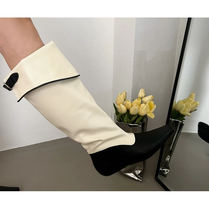 ZOOKERLIN Pointed Genuine Leather Mixed Color Women's Boots Flats Shoes Slim Elastic Boots Fashion Niche Design Long Tube Boots