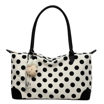 Borsa Tote a Pois Bianchi e Neri Grande Capacità in Pelle PU, Borsa a Spalla Casual da Donna, Borsa a Mano Portatile per Viaggi Quotidiani con Ciondolo