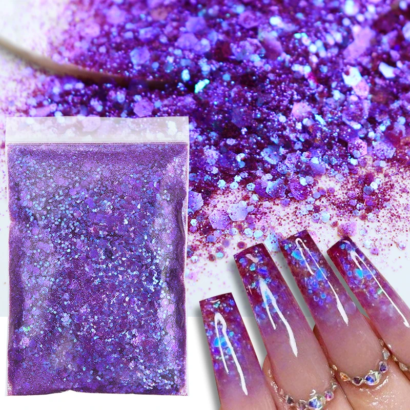 50G Shiny Fantastic Purple Chunky Glitter for Nails Mixed Hexagon Mermaid  Sequins Loose Bulk Iridescent Decoration Accessories