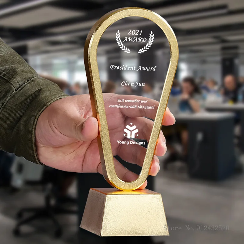 Personalized Custom Metal Geometric Shape Base Crystal Trophy, Electroplating Gold, Creative Event, Souvenir, Home Decoration