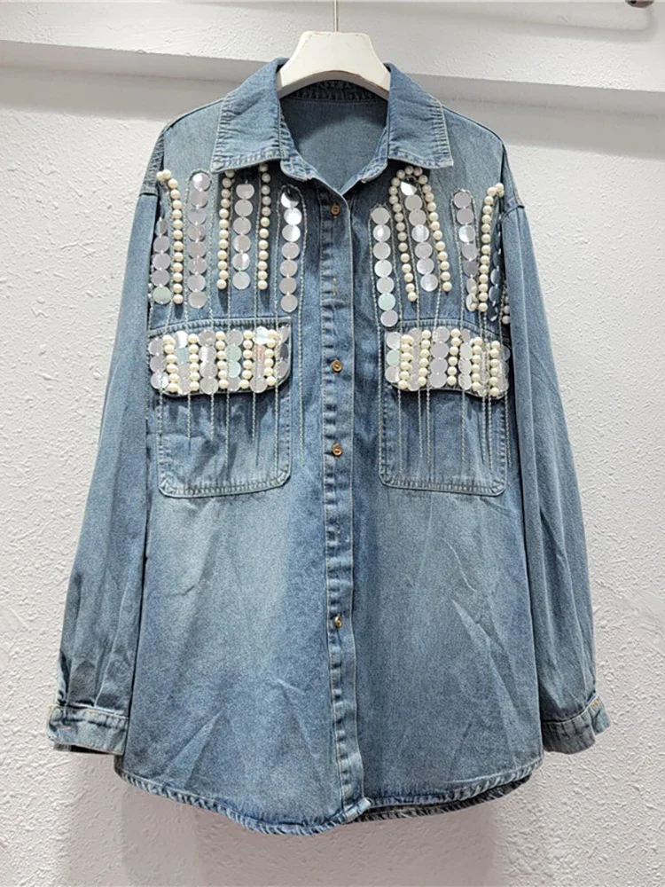 여성용 진주 비즈 프린지 스팽글 데님 셔츠, 비즈 스트라이프 태슬 패치워크 청바지 블라우스, 싱글 브레스트 가디건 상의
