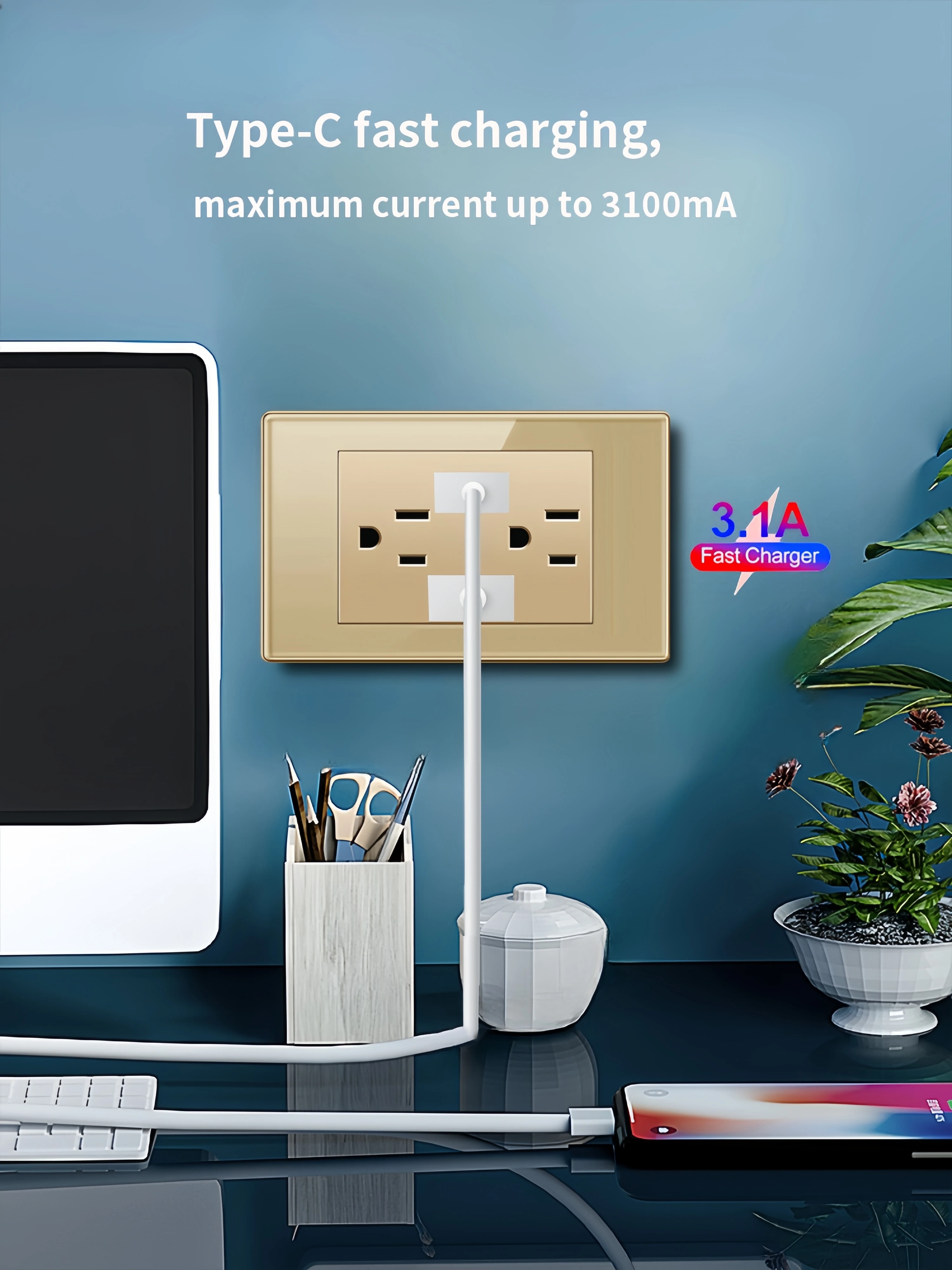 미국 표준 골드 스위치 USB 벽 충전 소켓, 휴대폰 벽 충전 소켓, USB 2.1A 태국 소켓