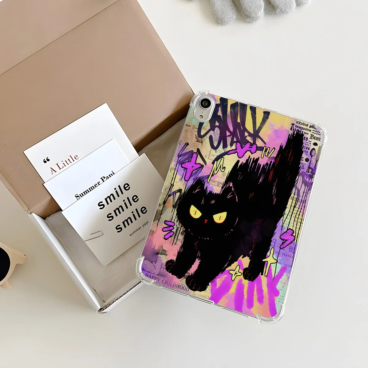 Transparent Tablet Case with Black Graffiti Cats Design