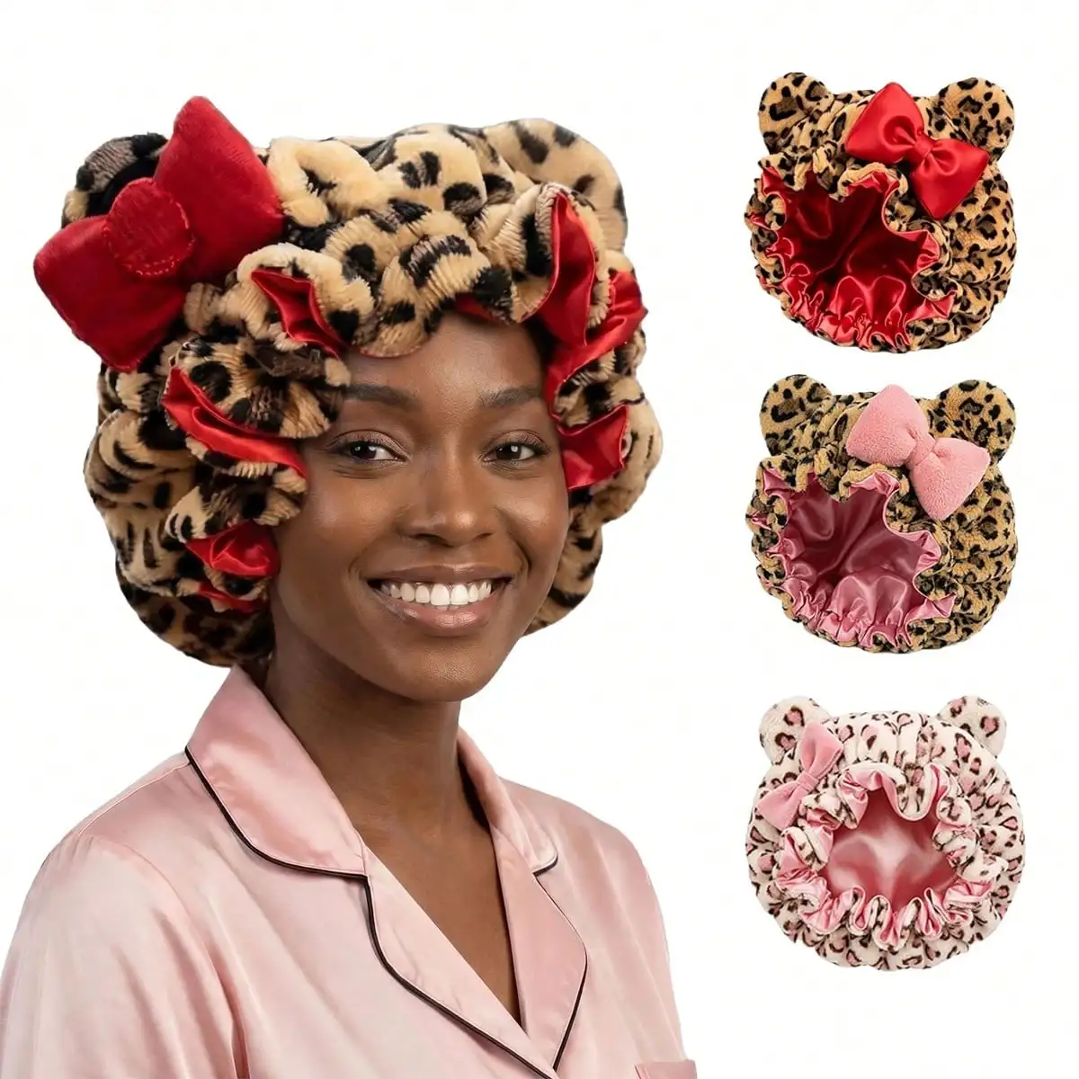 Cuffia per Capelli in Peluche con Stampa Leopardata e Grande Fiocco, Morbida e Soffice, Foderata in Raso, per Dormire, con Orecchie da Orso Regolabili