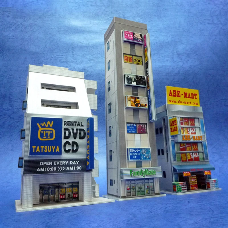 1:150 N-Scale Japanese Building Diorama 3D Paper Model Scene DIY Handmade Ornaments 3 commercial buildings