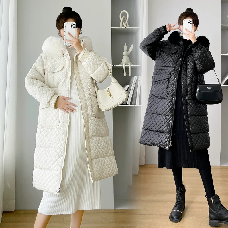Long Loose Fuzzy Fur Hooded Maternity Coats with Pockets Plus Size Pregnant Women's Outwear Fashion Pregnancy Jackets Down Coat