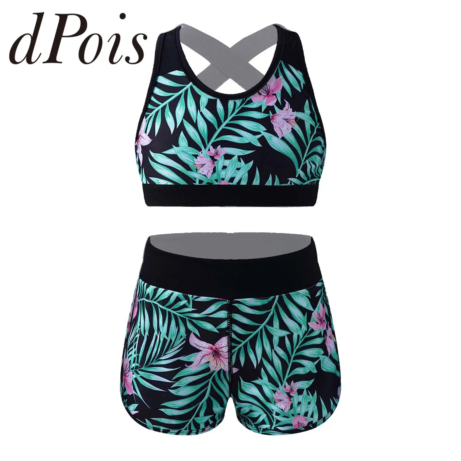 

2Pcs Kids Girls Two Pieces Swimwear Bathing Suits Crop Tank Tops and Shorts Yoga Workout Sets Ballet Gymanstics Outfits
