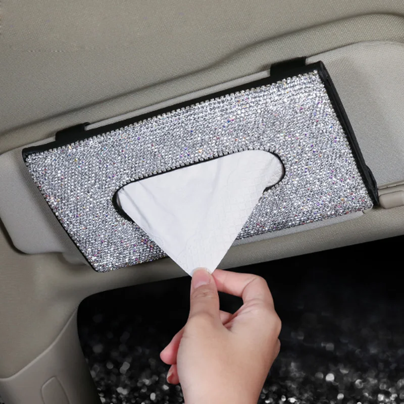 

Diamond Car Visor Tissue Holder Hanging Leather Crystals Rhinestone Paper Towel Cover Case for Women Accessories