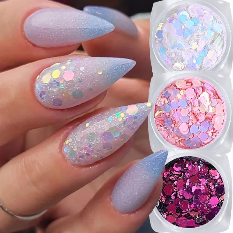 

1 Box Mixed Hexagon Sequins Nail Art 3D Holo Iridescent Dipping Flakes Glitter Nail Art Powder Holographic Manicure Accessories