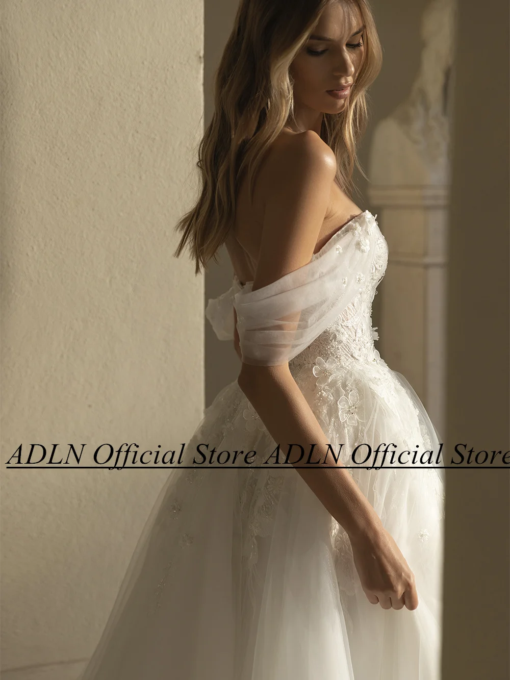 ADLN Romantic Boho Wedding Dress Off The Shoulder V Neck See Through Sequined Applique A Line Tulle Bridal Gown Robe De Mariee 4