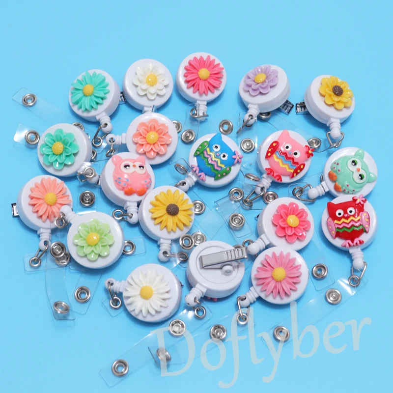 New Cute Owl Flowers Nurse Doctor Hospital Badge Reel Retractable ID Badge Holder With 360 Rotating Alligator Clip Name Holder 2 3 4pcs single double triple hole metal spring pen holder with pocket clip doctors nurse uniform pen holders office supplies