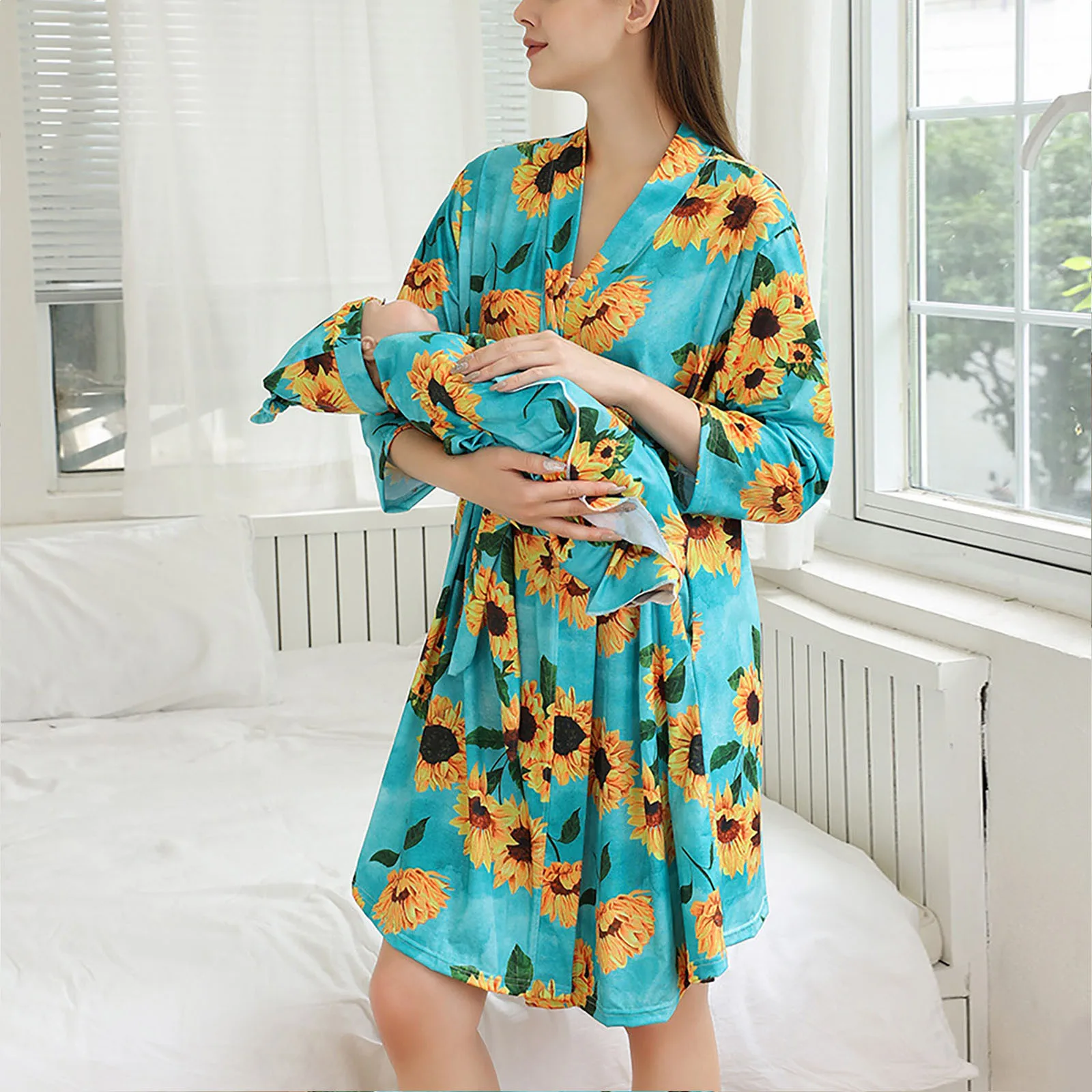 

Maternity Sleepwear Set With Sunflower Print Dress Baby Swaddle And Headband
