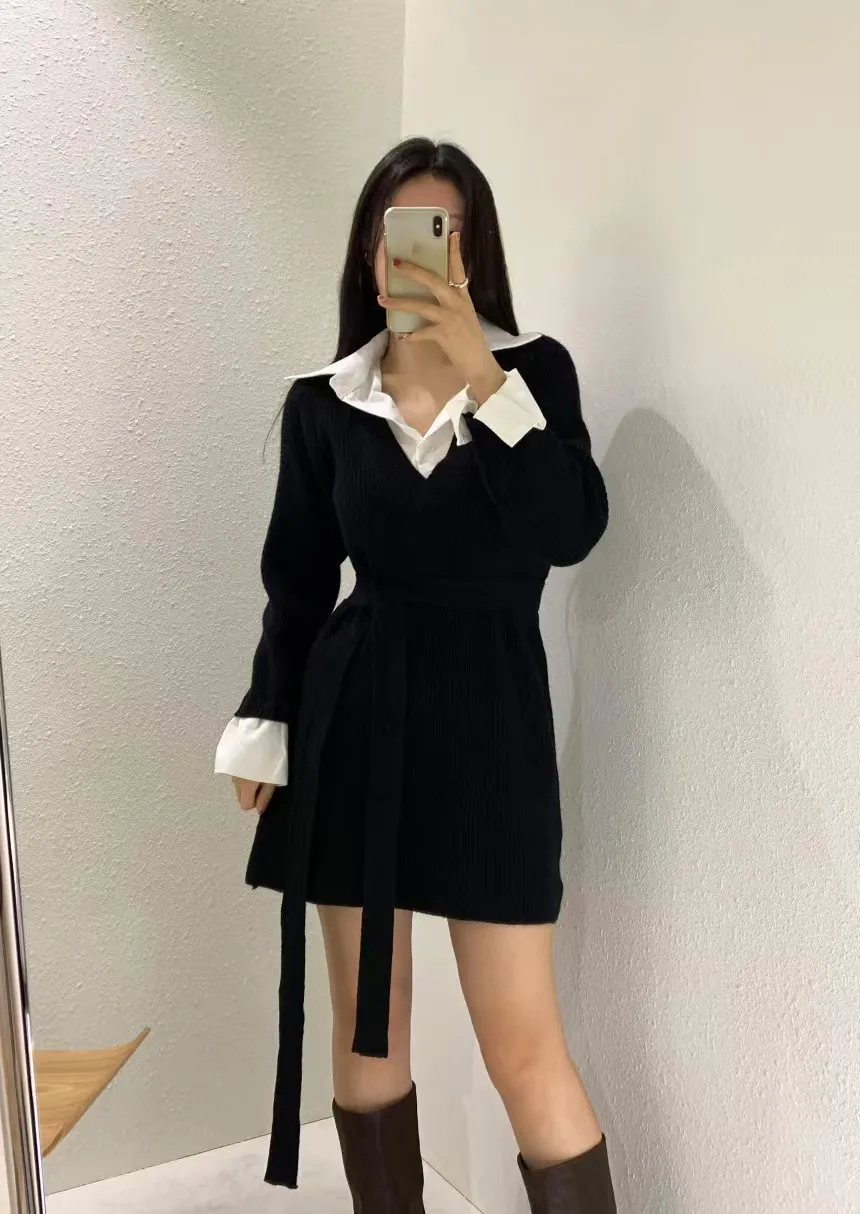 Korean Chic Mini Dresses Women Turn-down Collar Long Sleeve Shirt Patchwork Autumn Winter Knitted Dress Casual Fashion Vestidos
