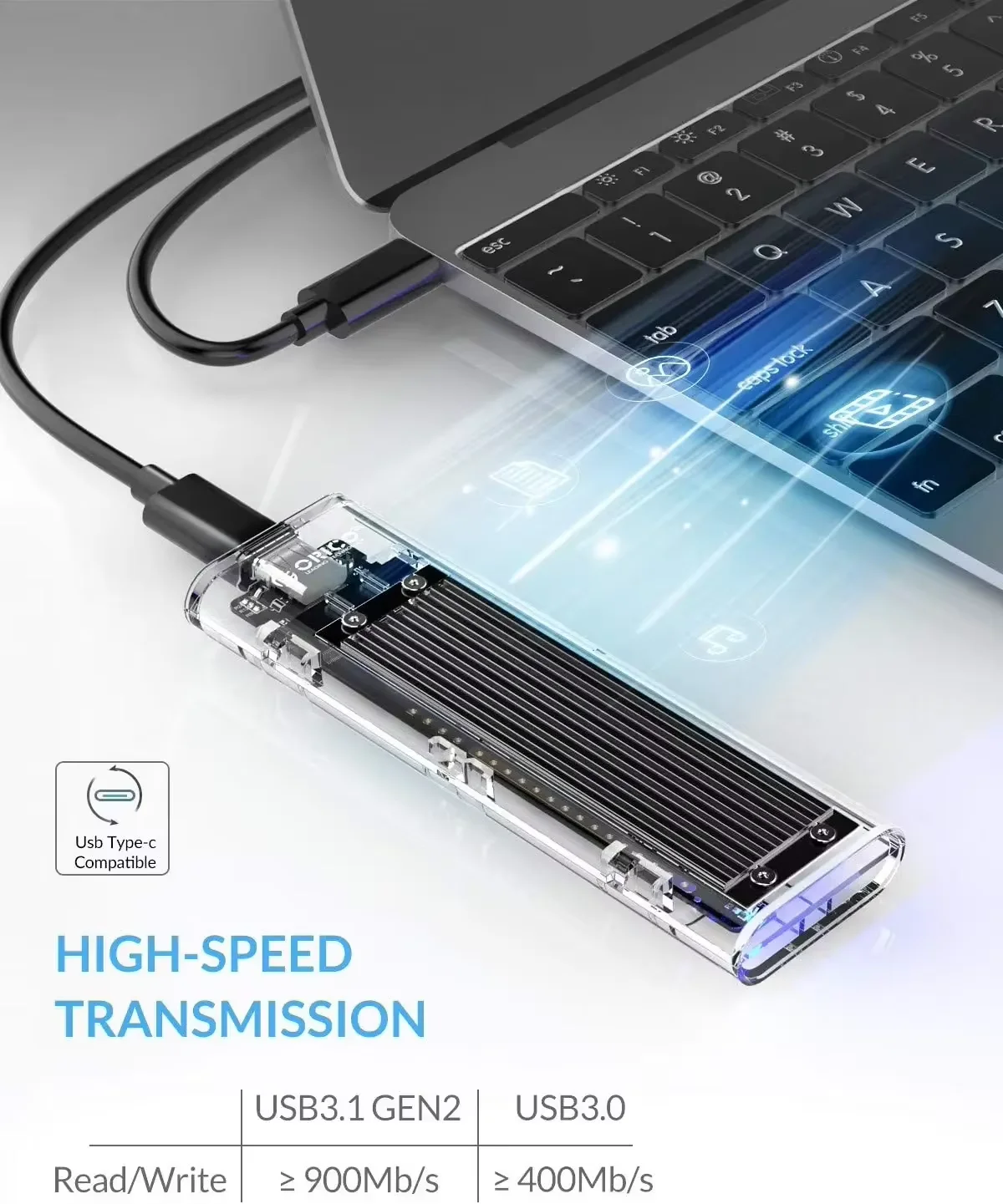 ORICO M2 SSD 케이스 NVME SATA SSD 인클로저 도구 무료 10Gbps M.2-USB C타입 투명 외장 어댑터 지지대 UASP 트림