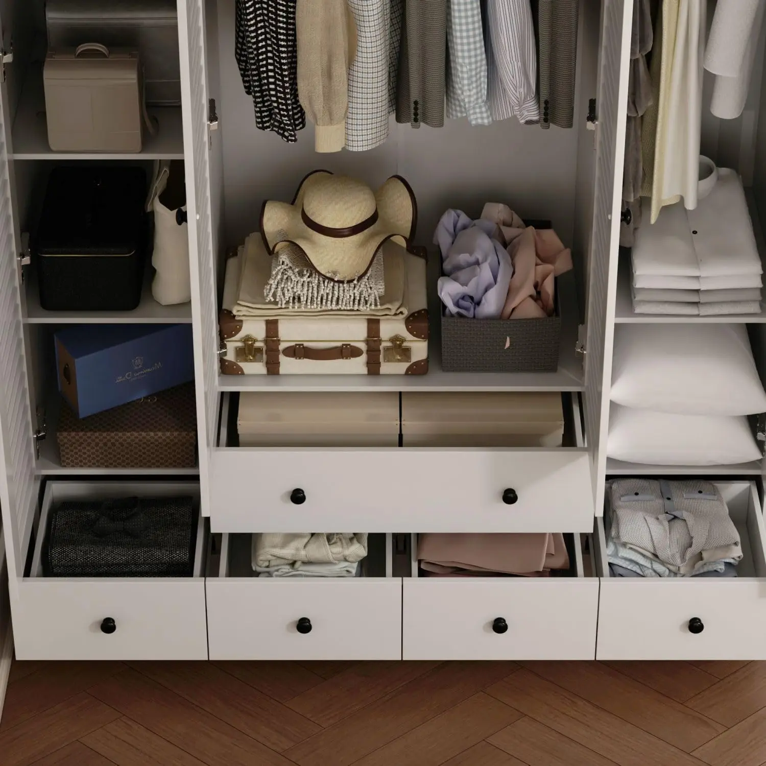 4-Shutter White Armoire w/Shelves & Drawers, 2 Hanging Rods - 59"W x 19"D x 70.9"H Bedroom Wardrobe