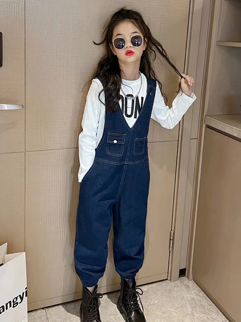 

2023 Girls Casual All-match Denim Overalls Middle Big Children's Spring Autumn Korean Overalls Children Fashion Foreign Flavor