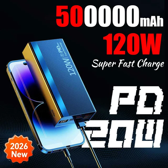 2026 Power Bank 500000mAh Portable 120W Fast Charging Mobile Phone External Battery Powerbank For iPhone17 16 15 14 Laptop Mac