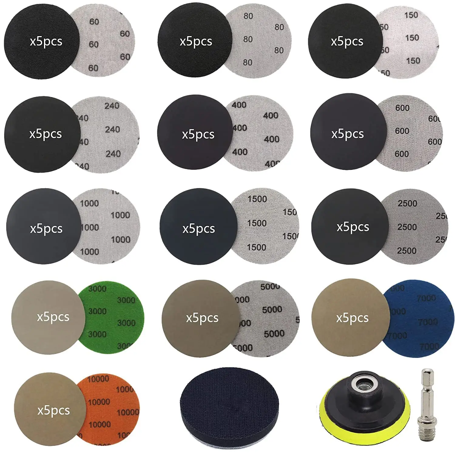 74Pcs Sandpaper 3Inch Sanding Disc 60-10000 Grit Wet Dry Sandpaper for Wood Metal Mirror Jewelry Car Polishing Headlight Cleaner